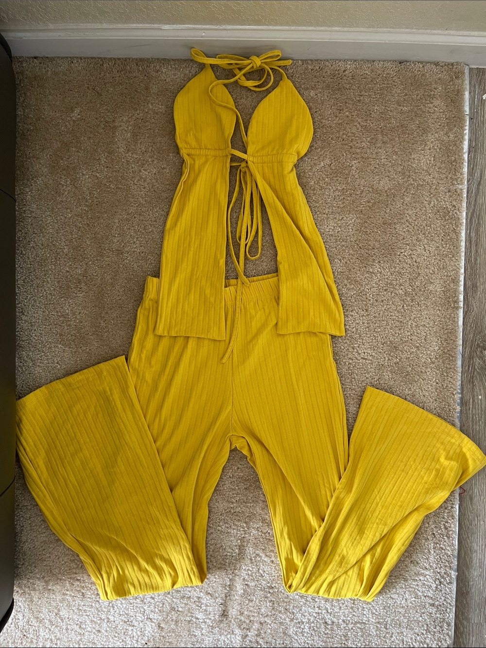 Yellow Ribbed Halter Two-Piece
